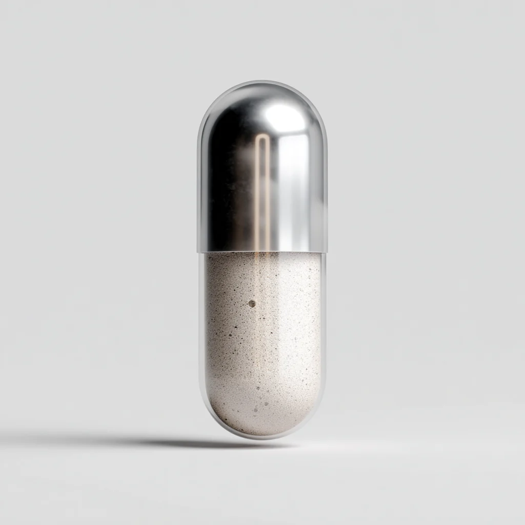 A single Sharper Human capsule — silver top, beige bottom